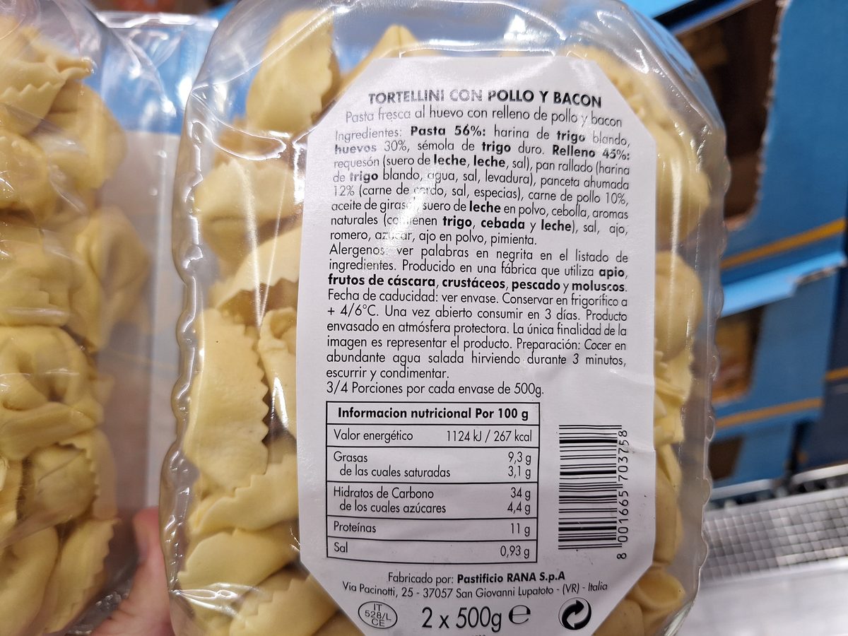 Detalle del precio promocional de los tortellini