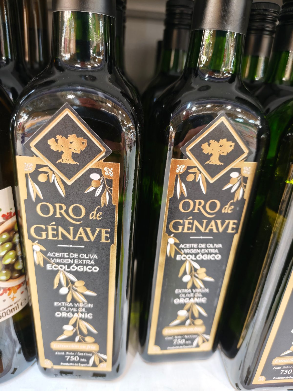 Etiqueta del aceite Oro de Génave con información de certificación ecológica