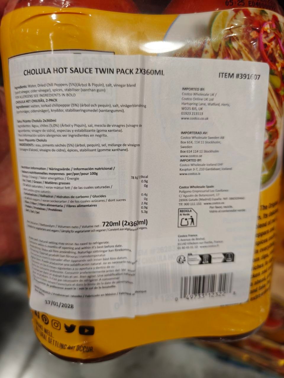 Precio del pack doble Cholula Hot Sauce en Costco