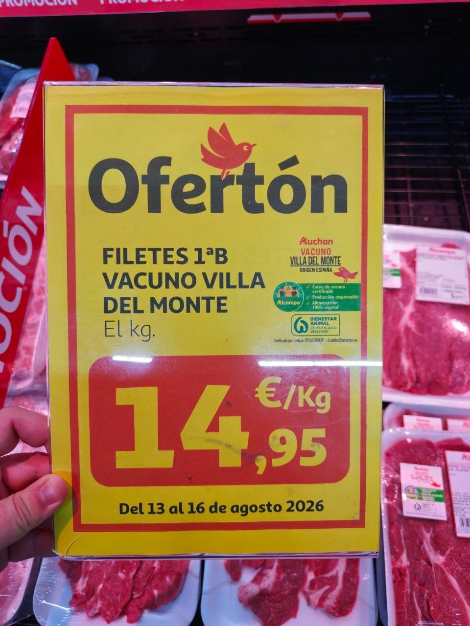 Cartel de la oferta Ofertón de filetes de vacuno Villa del Monte en Alcampo a 14,95€/kg