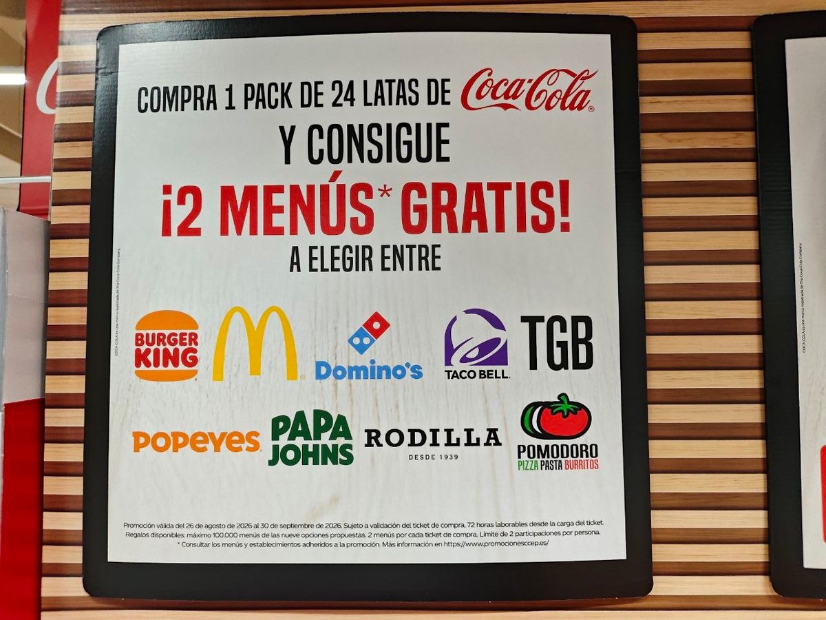 Cartel promoción Coca-Cola menús gratis en Alcampo